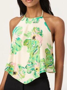 ASTR the Label Cream Floral Satin Halter Top with Green & Pink Print, size Mediu